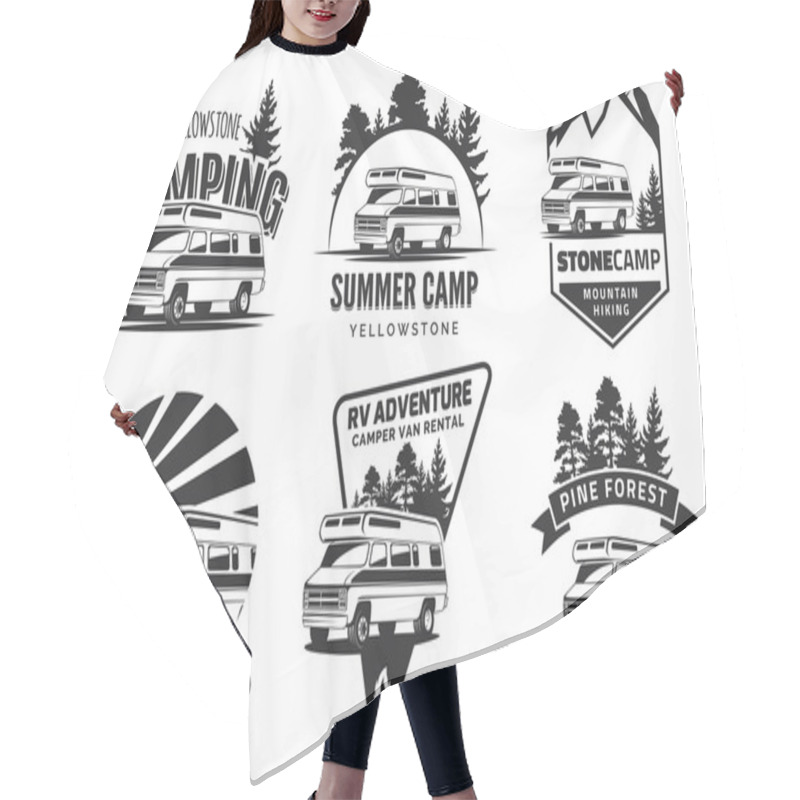 Personality  Set Of Monochrome Camper Van Car Emblems. Hair Cutting Cape