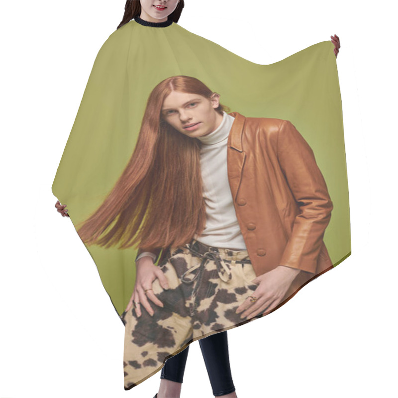 Personality  A Young Man With Striking Long Red Hair Showcases Deep Emotions While Posing Creatively. Hair Cutting Cape