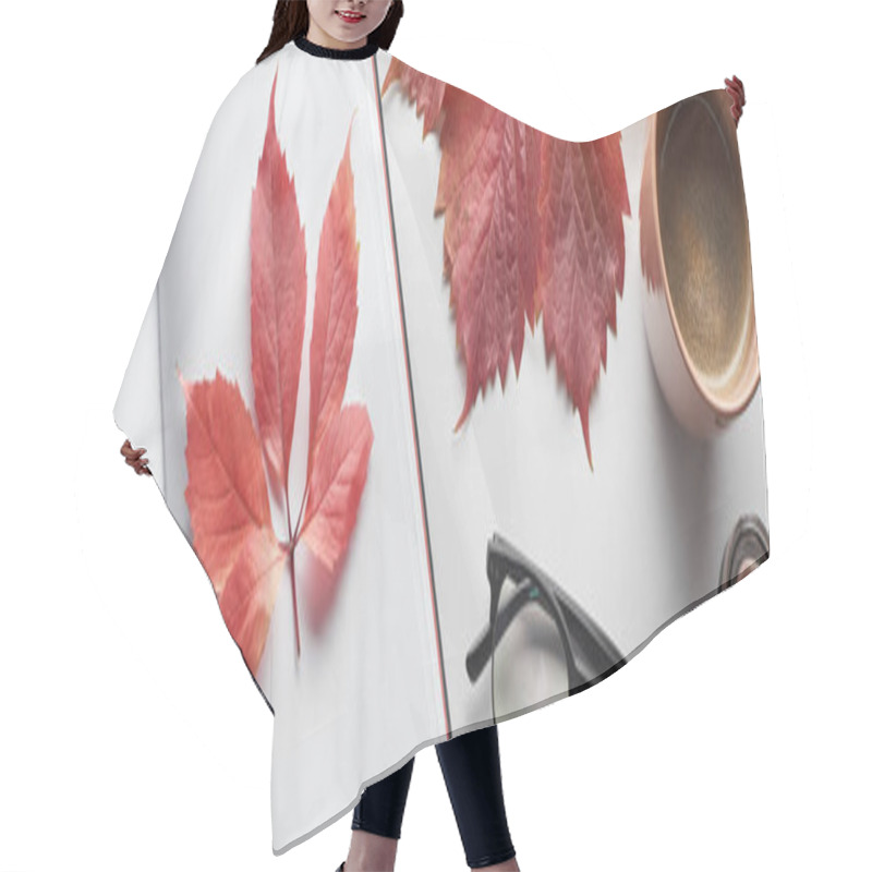 Personality  Panoramic Shot Of Notebook Near Red Leaves Of Wild Grapes, Cup Of Coffee, Glasses And Container With Blush On White Table Hair Cutting Cape