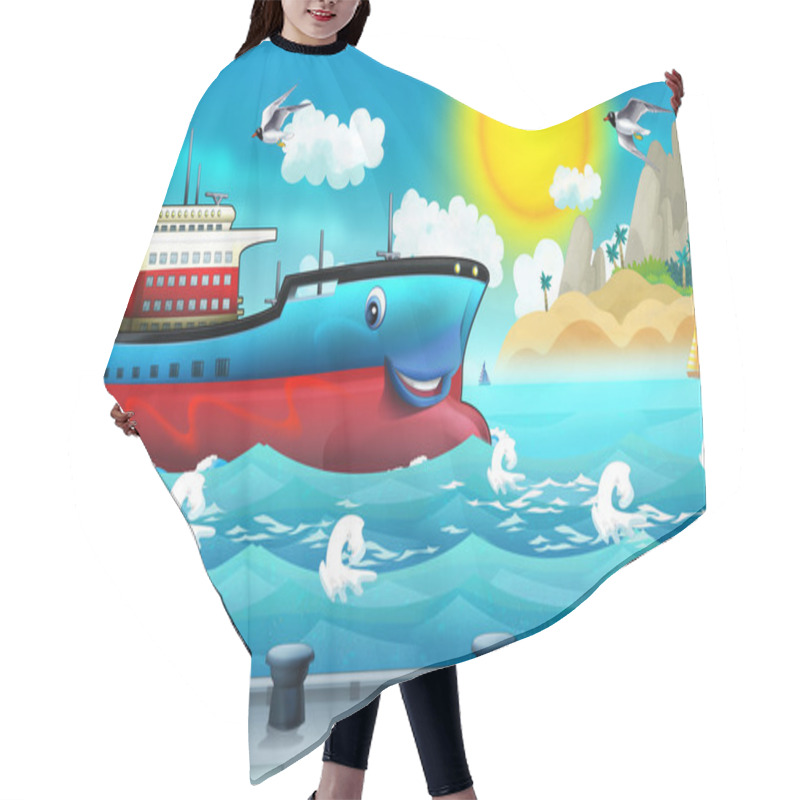 Personality  Cartoon Scene With A Cargo Ship Sailing Into The Port Hair Cutting Cape