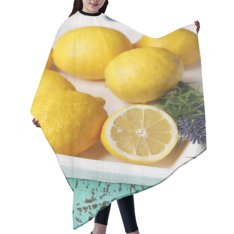 Personality  Still Life With Fresh Lemons And Lavender On Wooden Table Hair Cutting Cape