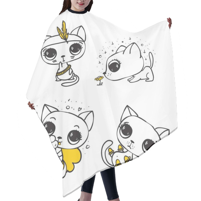 Personality  Picture With Cute Kittens Gang. Funny Doodle Cats Sketch. Hair Cutting Cape