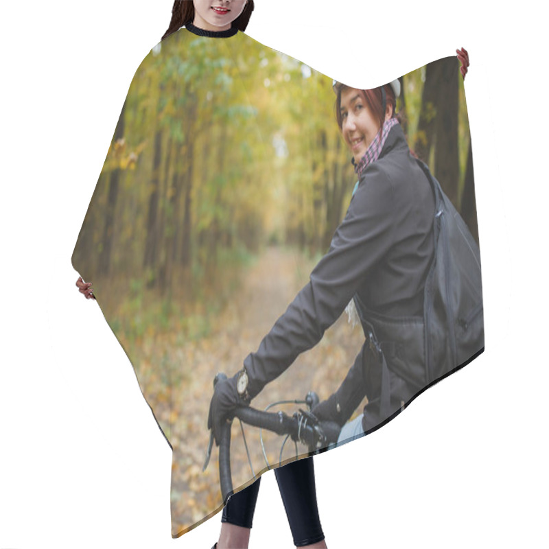 Personality  Photo Of Smiling Brunette In Helmet Riding Bicycle In Autumn Park Hair Cutting Cape