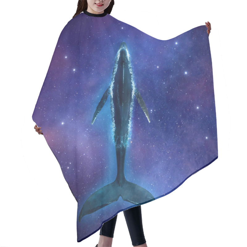 Personality  Big Whale Swims In Deep Space Of Stars, Nebulae And Galaxies. Fantasy Landscape Cosmos Diving Blue Whale In Starry Sky. 3d Render Hair Cutting Cape