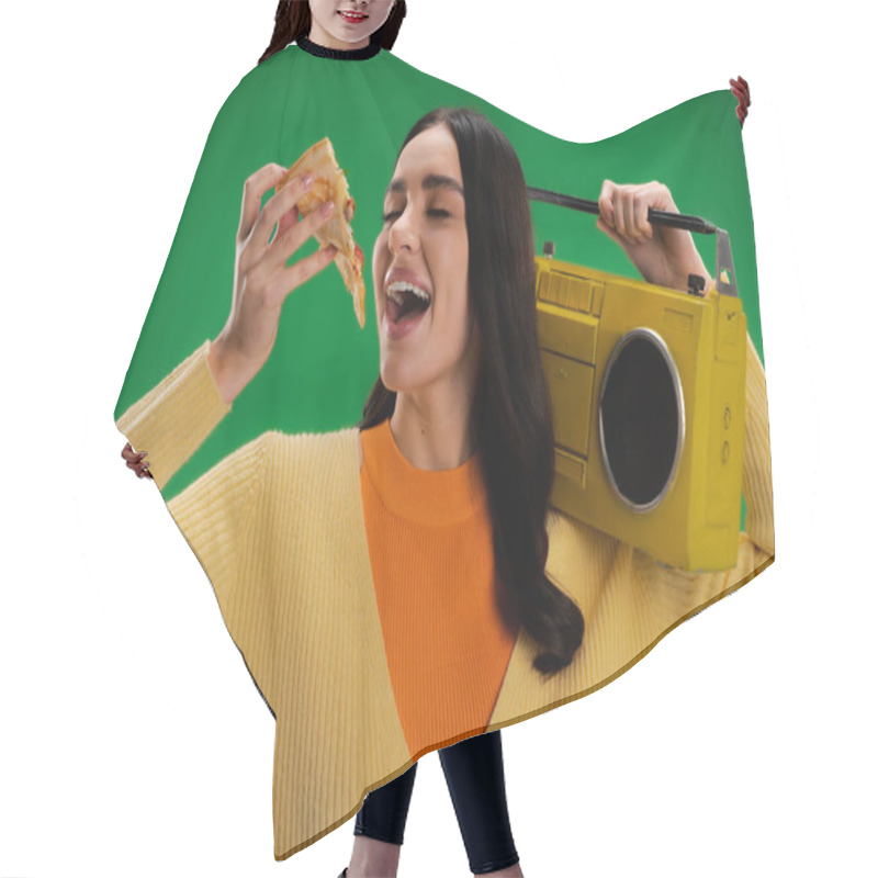 Personality  Hungry Woman With Boombox Holding Piece Of Pizza Near Open Mouth Isolated On Green Hair Cutting Cape