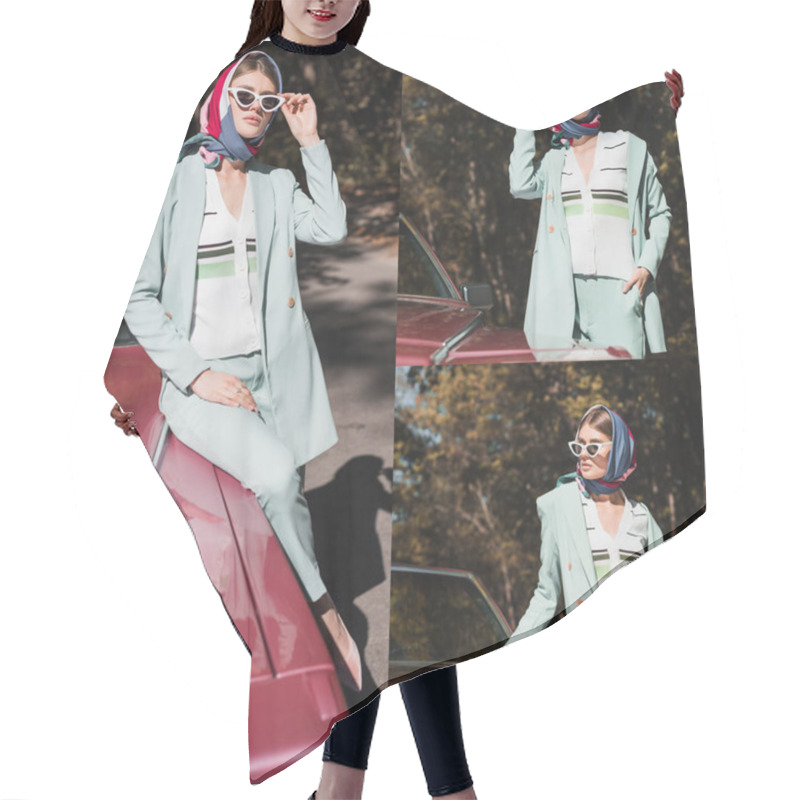 Personality  Collage Of Fashionable Woman In Headscarf And Coat Touching Sunglasses And Holding Hand In Pocket Near Cabriolet Hair Cutting Cape