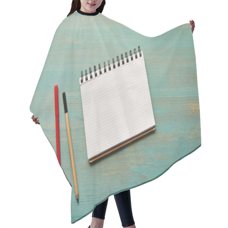 Personality  Top View Of Empty Notebook Near Pencil And Felt Pen On Wooden Desk Hair Cutting Cape