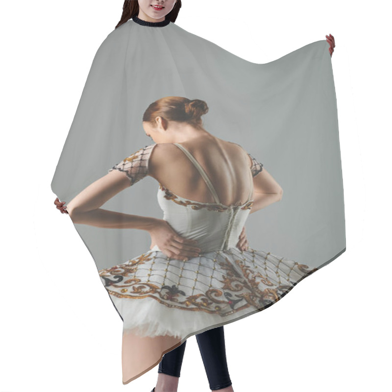 Personality  Young Ballerina Gracefully Performing In A White And Gold Dress. Hair Cutting Cape