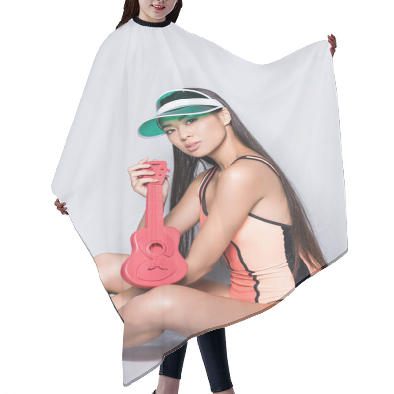 Personality  Woman In Swimsuit And Visor With Ukulele Hair Cutting Cape