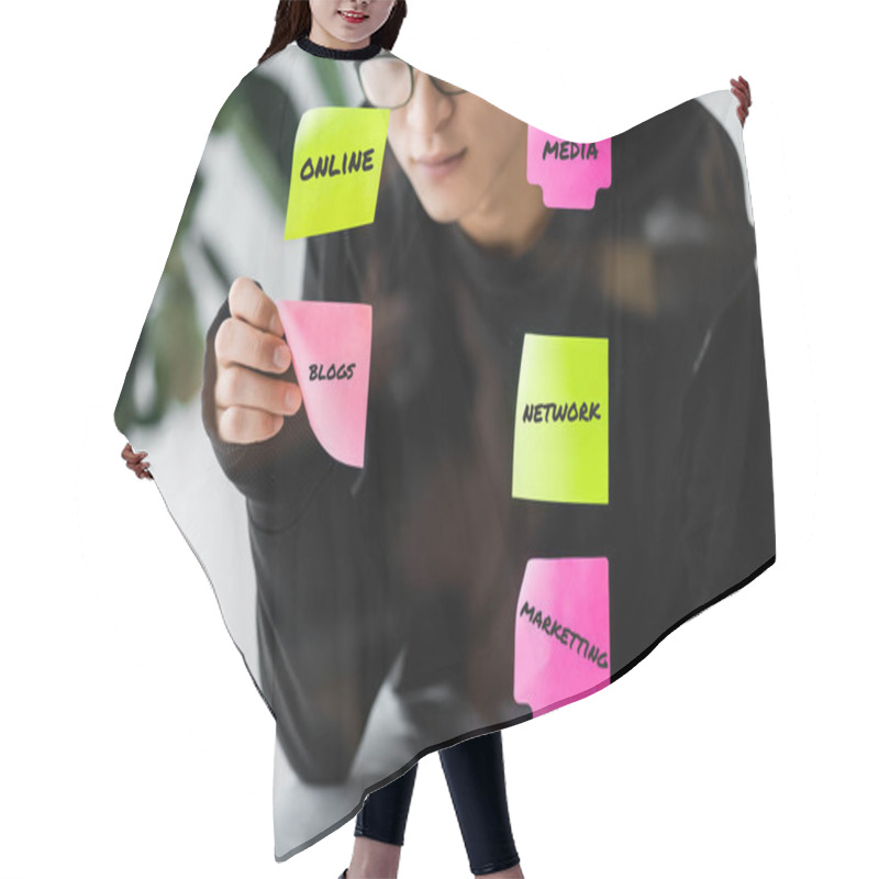 Personality  Asian Seo Manager Sticking Paper With Blog Illustration On Glass  Hair Cutting Cape