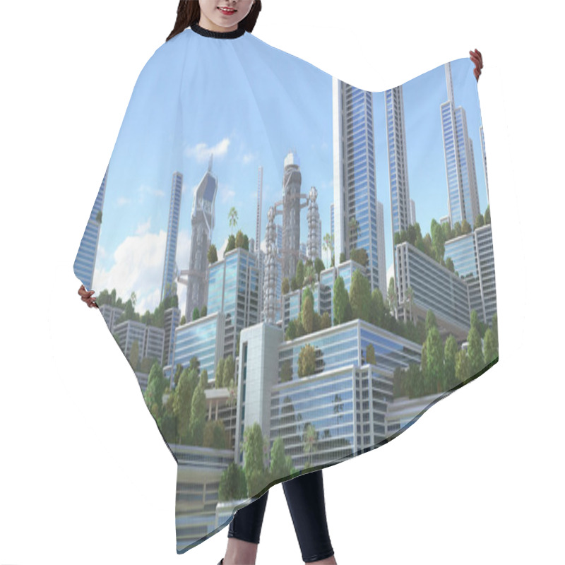 Personality  3D Illustration Of A Futuristic Green City. Hair Cutting Cape