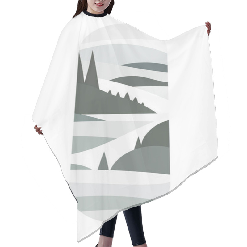 Personality  Vector Illustration. Oval Composition With Pronounced Forests And Hills Intersecting With Smooth Lines. Shades Are Muted, Gray-green And Beige. Hair Cutting Cape