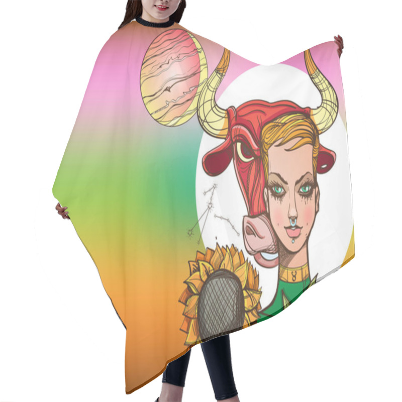 Personality  Beautiful Rectangular Background With Female Portrait. Girl Symbolizes The Zodiac Sign Taurus. Color Illustration With The Image Of Women. Hair Cutting Cape