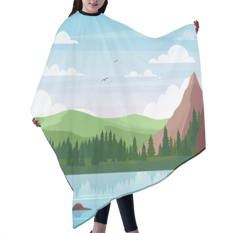 Personality  Mountain Lake Landscape Vector Illustration, Cartoon Flat Summer Nature, Picturesque Mountainous Scenery With Blue Lake Waters, Pine Forest Background Hair Cutting Cape