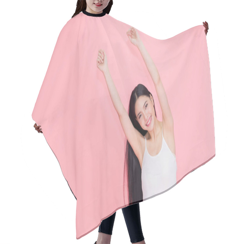 Personality  Happy And Cheerful Smiling Asian 20s Woman Raising Hands Up For Positive Feeling And Celebration Isolated Over Pink Background Hair Cutting Cape