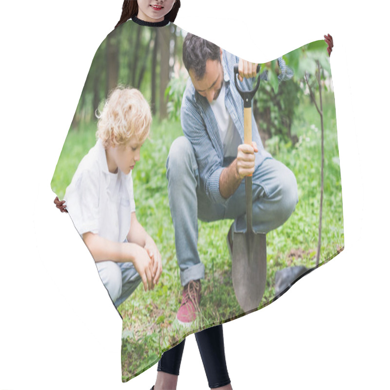 Personality  Father And Son During Digging Ground With Shovel For Planting Seedling In Park Hair Cutting Cape