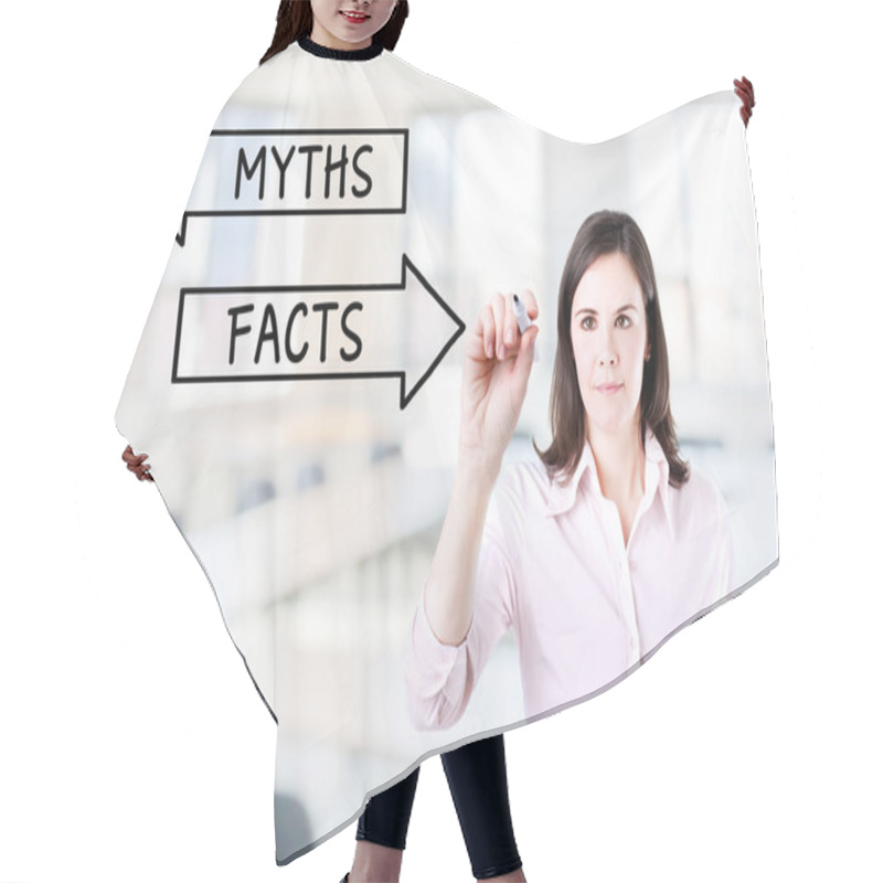 Personality  Businesswoman Drawing A Myths Or Facts Concept On The Virtual Screen. Office Background. Hair Cutting Cape