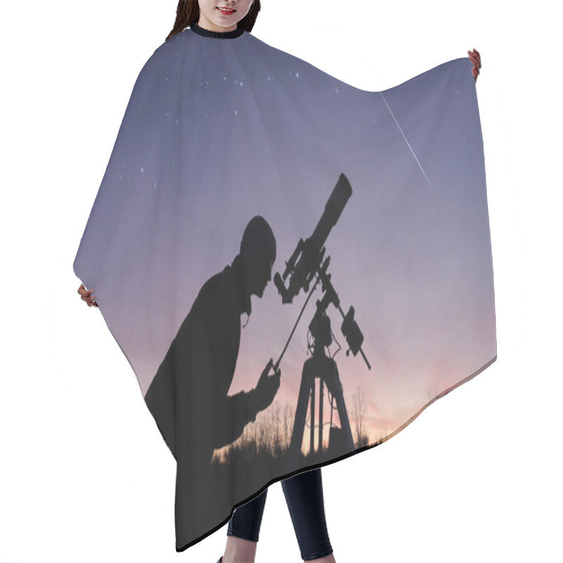 Personality  Silhouette Of A Man, Telescope And Countryside Under Evening Skies. Hair Cutting Cape