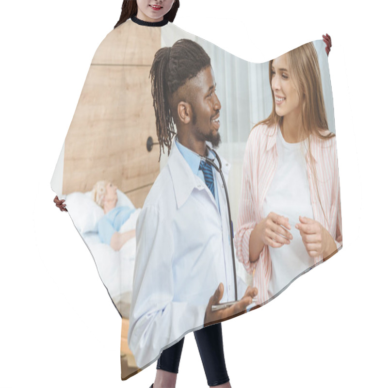 Personality  Young Doctor Talking To Woman Hair Cutting Cape