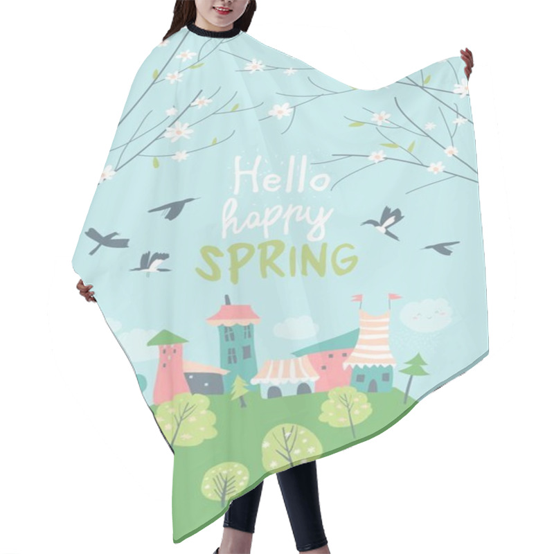 Personality  Cute Little Town In Blossom Trees. Hello Spring Hair Cutting Cape