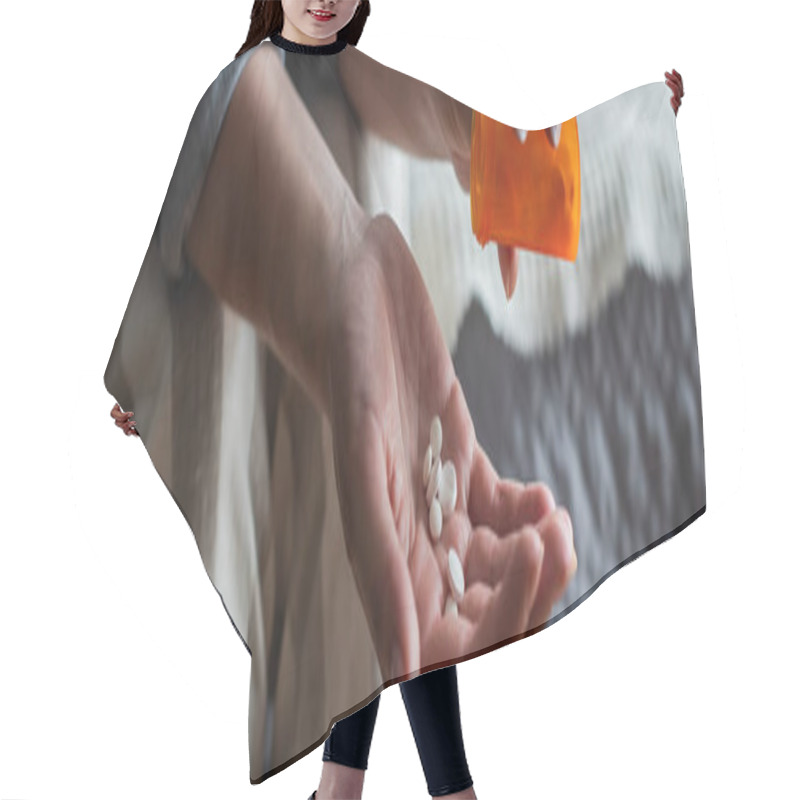 Personality  Cropped View Of Woman With Menopause Holding Bottle And Pouring Pills In Hand, Banner Hair Cutting Cape