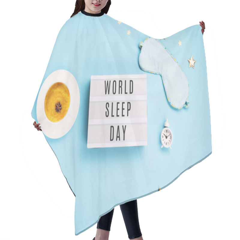 Personality  World Sleep Day Observed On March. Quality Of Sleep, Good Night, Insomnia, Relaxation Concept. Sleeping Mask, Turmeric Golden Milk Latte And White Alarm Clock On Blue Background. Flat Lay, Top View Hair Cutting Cape