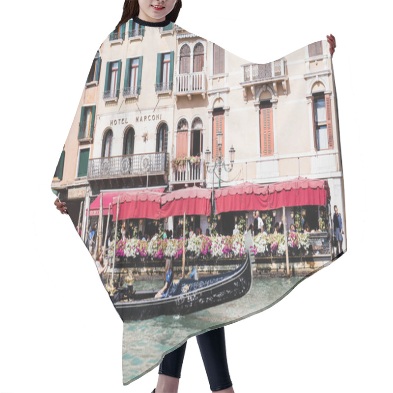 Personality  VENICE, ITALY - SEPTEMBER 24, 2019: Gondolas With Tourists Floating Near Hotel Marconi In Venice, Italy  Hair Cutting Cape