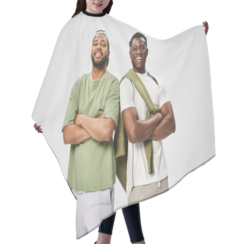 Personality  Juneteenth, Positive African American Friends Standing With Folded Arms On Grey Background Hair Cutting Cape