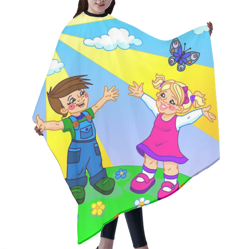 Personality  The Illustration Of Happy Cartoon Kids Hair Cutting Cape