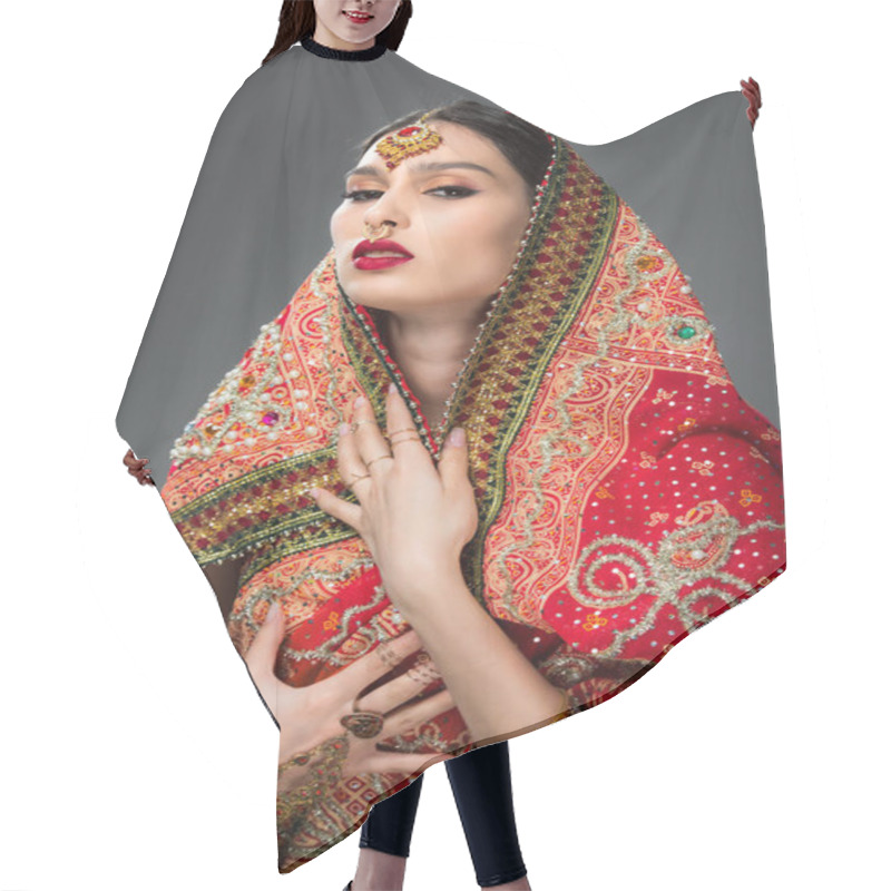 Personality  Elegant Indian Woman Posing In Traditional Sari And Accessories, Isolated On Grey  Hair Cutting Cape