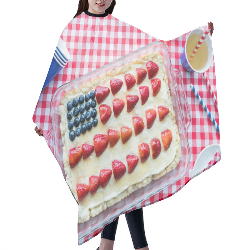 Personality  Top Down View Of A Cheesecake With An American Flag Design Ready For A Picnic. Hair Cutting Cape