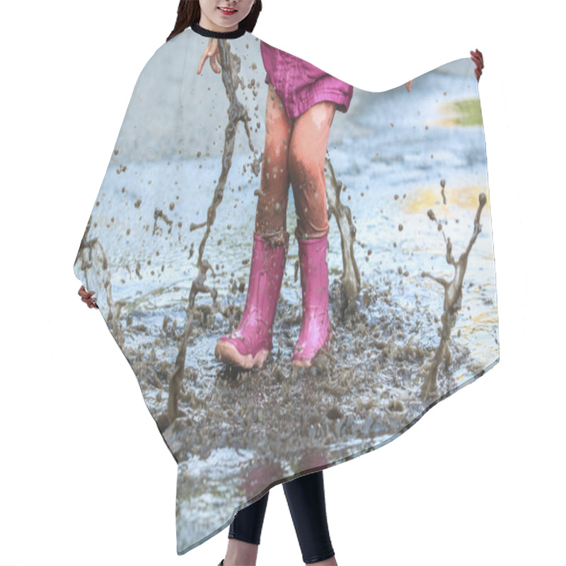 Personality  Playful Child Outdoor Jump Into Puddle In Boot After Rain Hair Cutting Cape