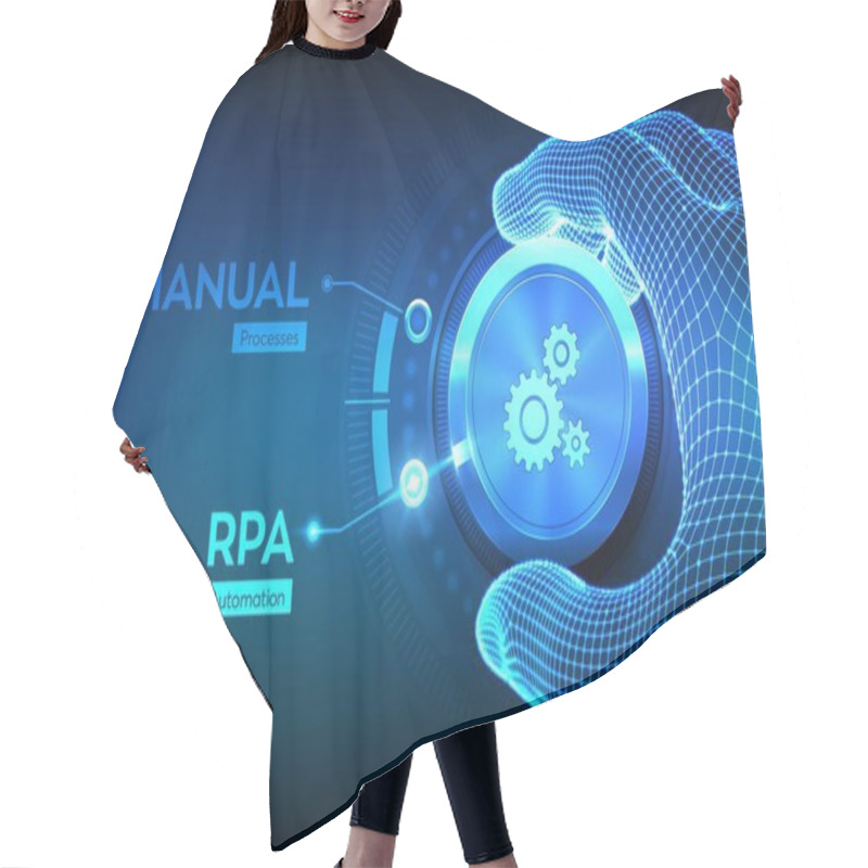 Personality  RPA Robotic Process Automation Innovation Technology Concept. Wireframe Hand Turning A Knob And Selecting RPA Mode. Intelligent System Automation. AI. Artificial Intelligence. Vector Illustration. Hair Cutting Cape