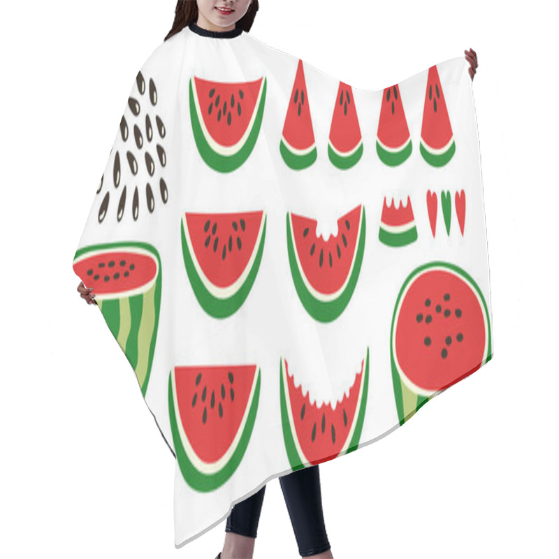 Personality  Ripe Red Watermelons. Whole, Slices, Seeds Of Watermelons. Set Of Juicy Fruits For Summer Design. Modern Illustration In Flat Style. Bright Colorful Elements. Hair Cutting Cape