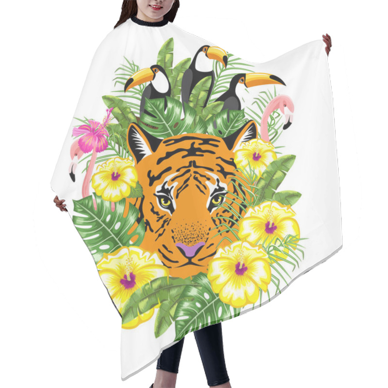 Personality  Invitation Template For Summer Advertising. Toucan Bird, Tiger, Flamingo And Tropical Leaves. Poster. Happy Summer. Hair Cutting Cape