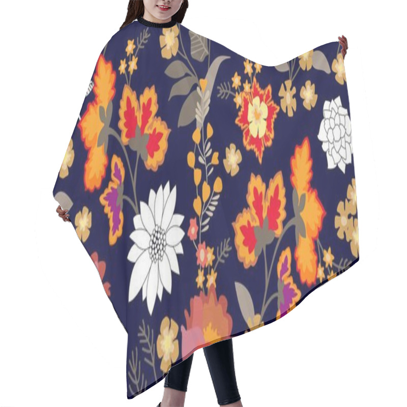 Personality  Folk Art Style Border. Seamless Floral Pattern With Blooming Flowers And Grey Leaves.  Hair Cutting Cape