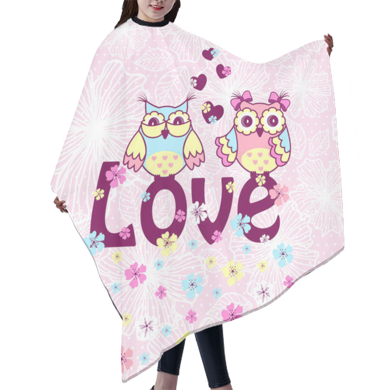 Personality  Beautiful Card With Owls In Love On Branch On A Pink Lace Background Hair Cutting Cape