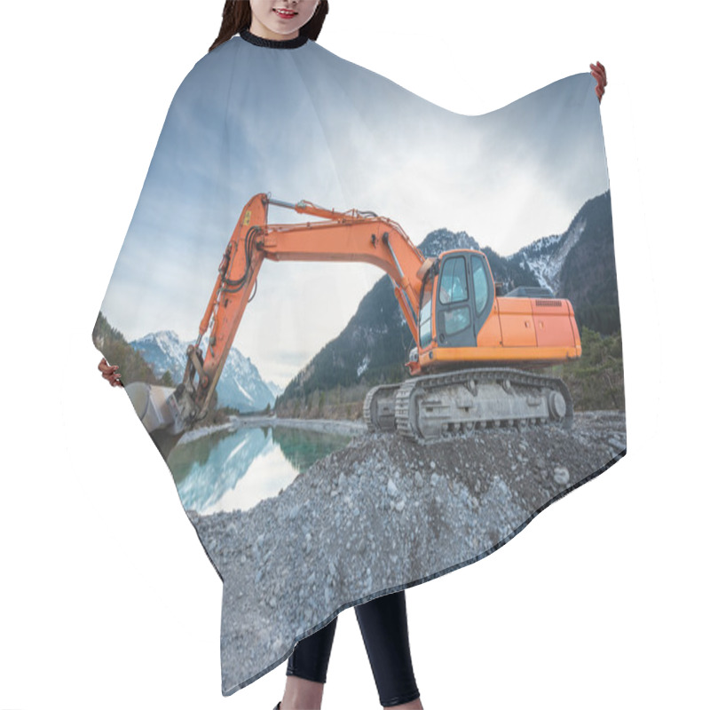 Personality  Side View Of Orange Shovel Digger On Gravel At Lake And Blue Sky Hair Cutting Cape