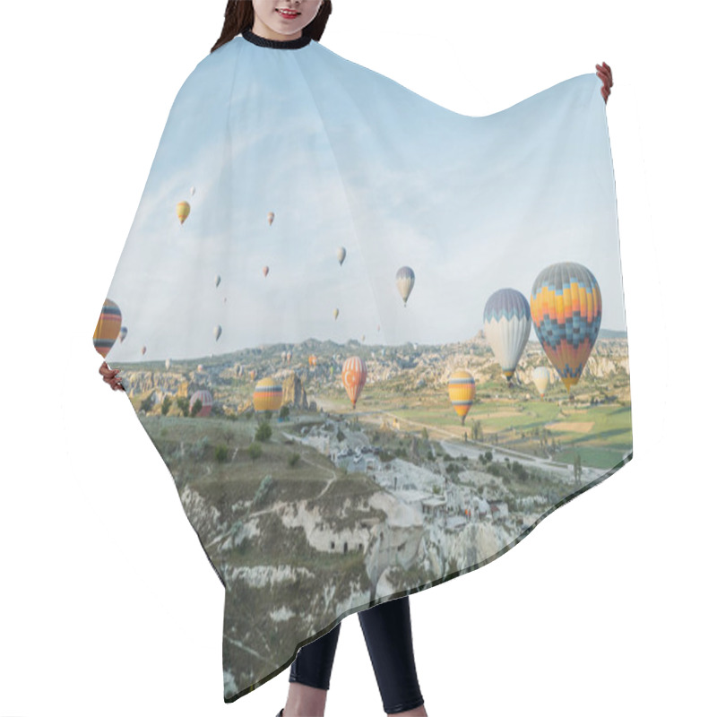 Personality  Front View Of Hot Air Balloons Flying Over Cityscape, Cappadocia, Turkey Hair Cutting Cape