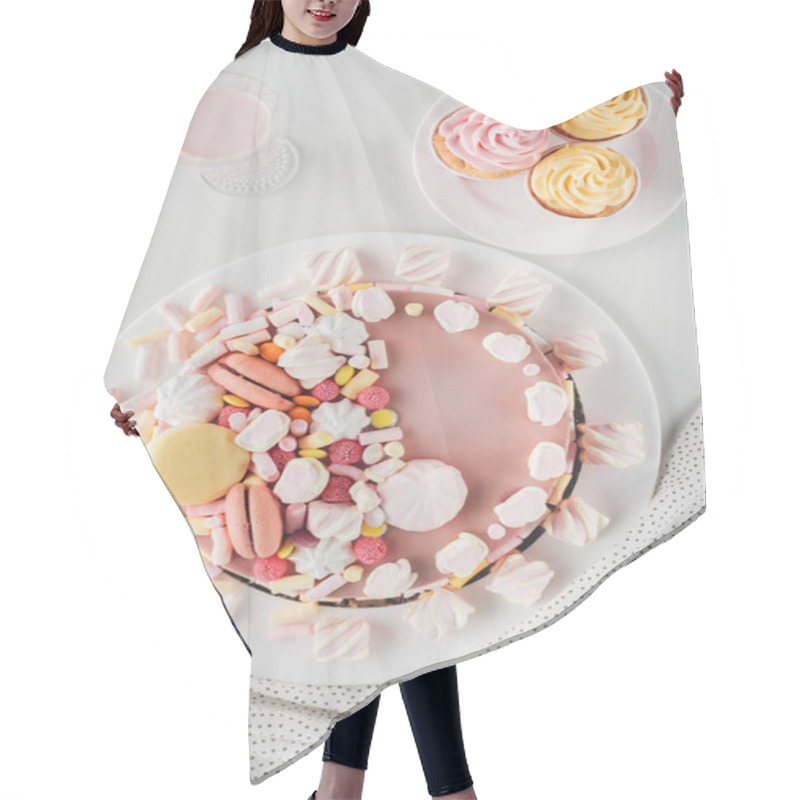 Personality  Flat Lay With Pink Birthday Cake, Marshmallows, Cupcakes And Milkshakes On Table With Tablecloth Hair Cutting Cape