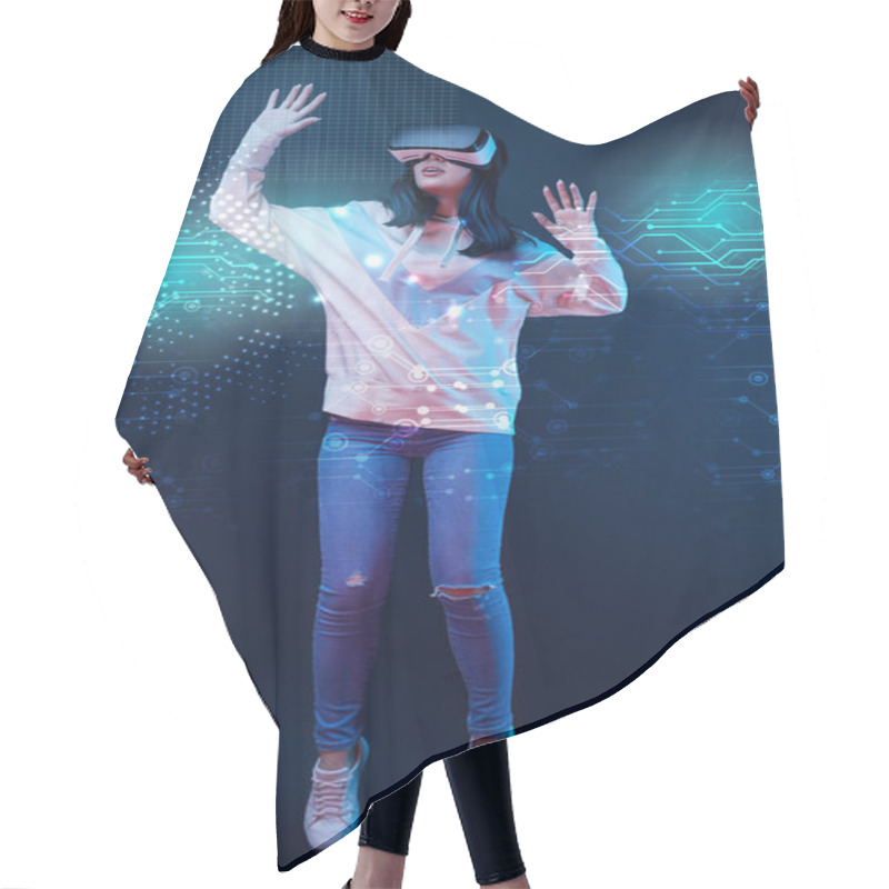 Personality  Young Excited Woman In Virtual Reality Headset Levitating In Air Among Glowing Data Illustration On Dark Background  Hair Cutting Cape