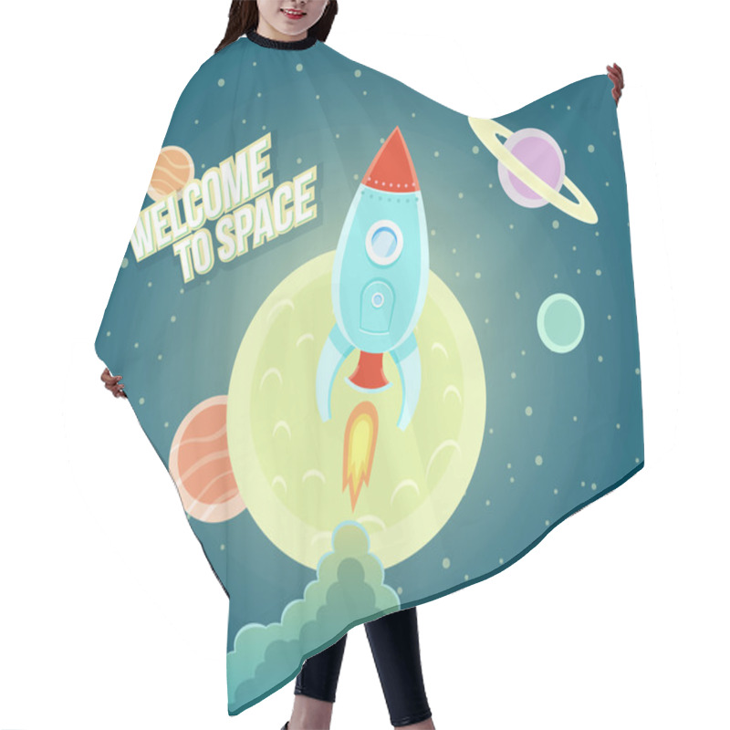 Personality  Space Rocket Ship Sky Icon Cartoon Modern Flat Design. Hair Cutting Cape