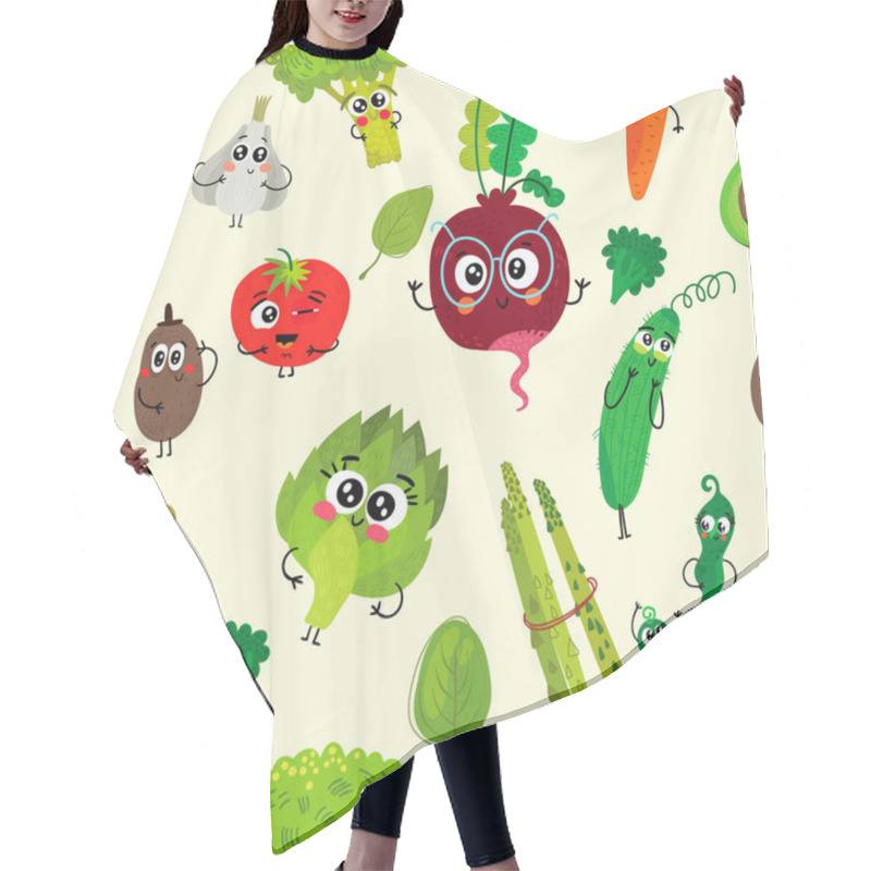 Personality  Vegetarian Seamless Pattern With Cartoon Funny Vegetable:broccoli, Tomatoes, Garlic, Pumpkin, Potato, Peas, Beet, Carrot, Artichoke And Cucumber. Hair Cutting Cape