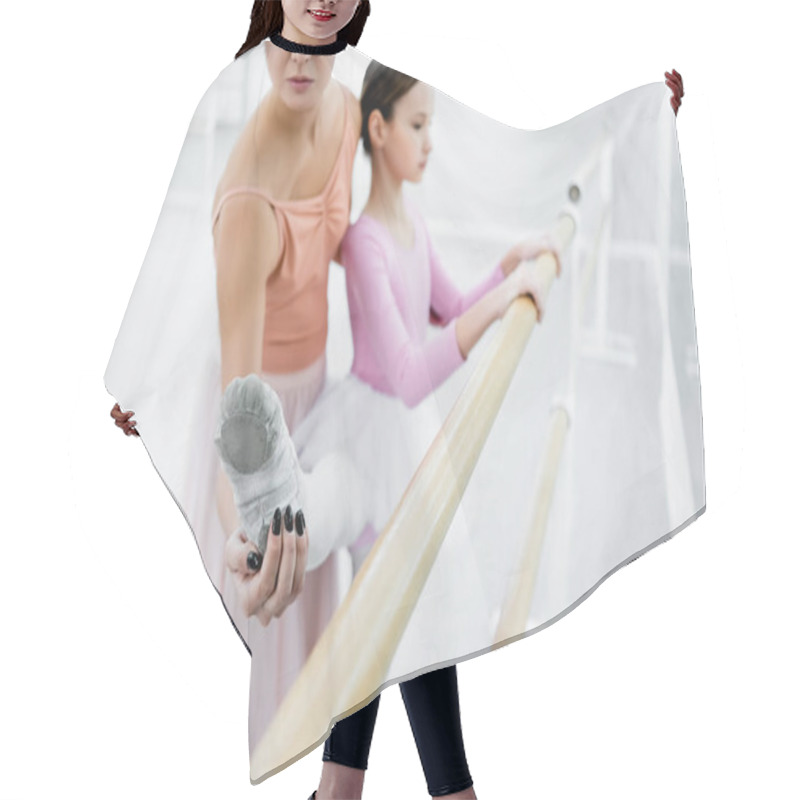 Personality  Ballet Teacher Helping Girl Stretching At Barre In Dance Studio, Blurred Background Hair Cutting Cape