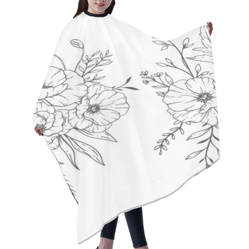 Personality  Floral Frames Line Art, Fine Line Poppy Frames Hand Drawn Illustration. Outline Leaves And Flowers.  Hair Cutting Cape