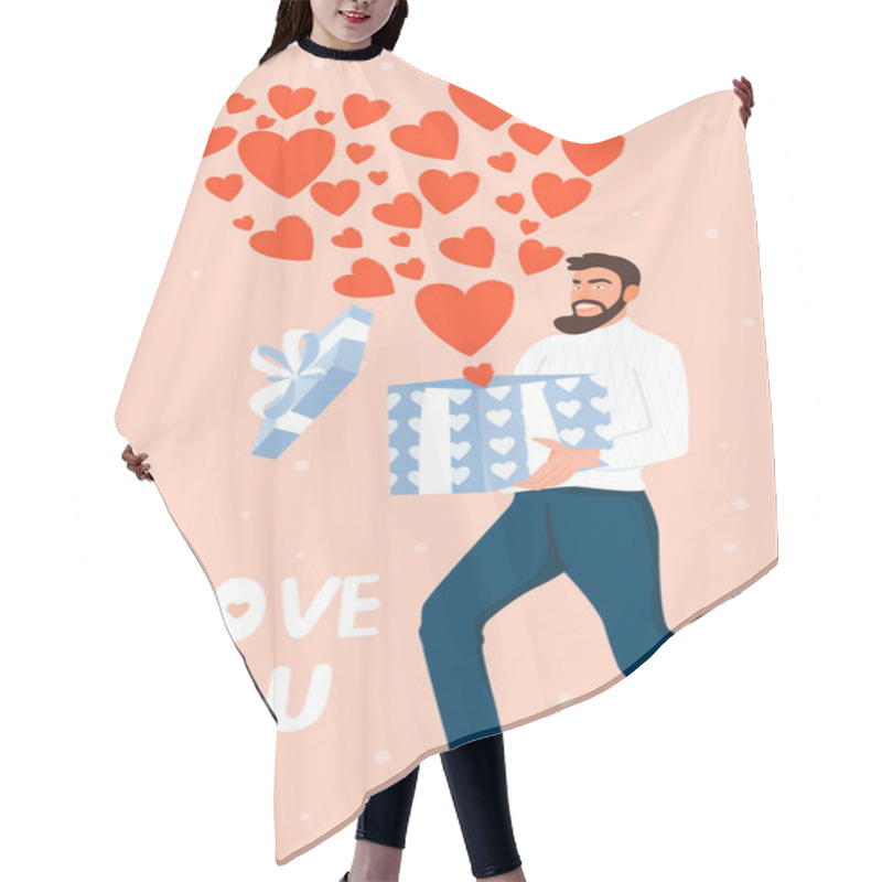 Personality  Valentines Day Card With Happy Man. Man Runs With A Cute Gift. Hair Cutting Cape