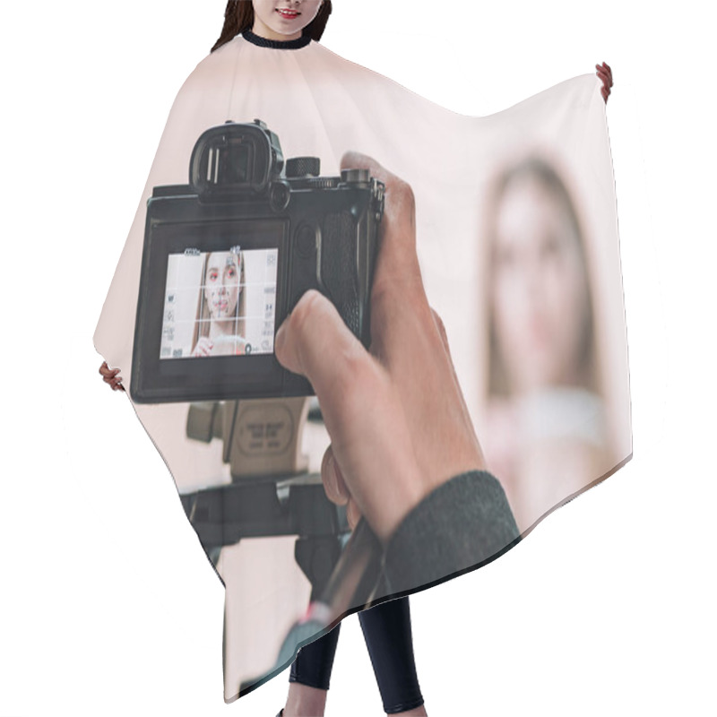 Personality  Selective Focus Of Videographer Working With Attractive Model In Photo Studio Hair Cutting Cape