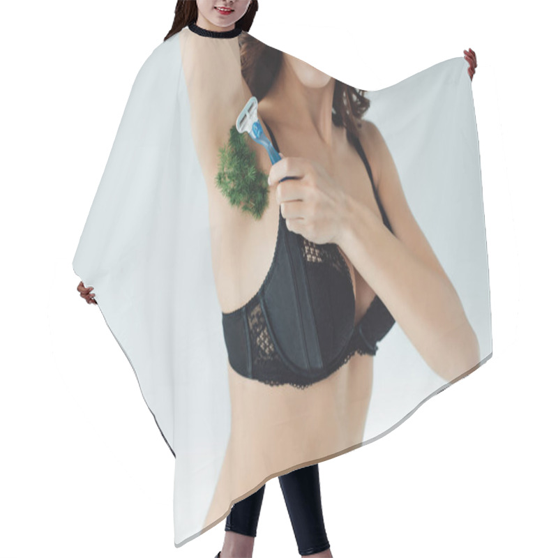 Personality  Partial View Of Woman In Black Bra Shaving Green Plant On Armpit On Grey Hair Cutting Cape