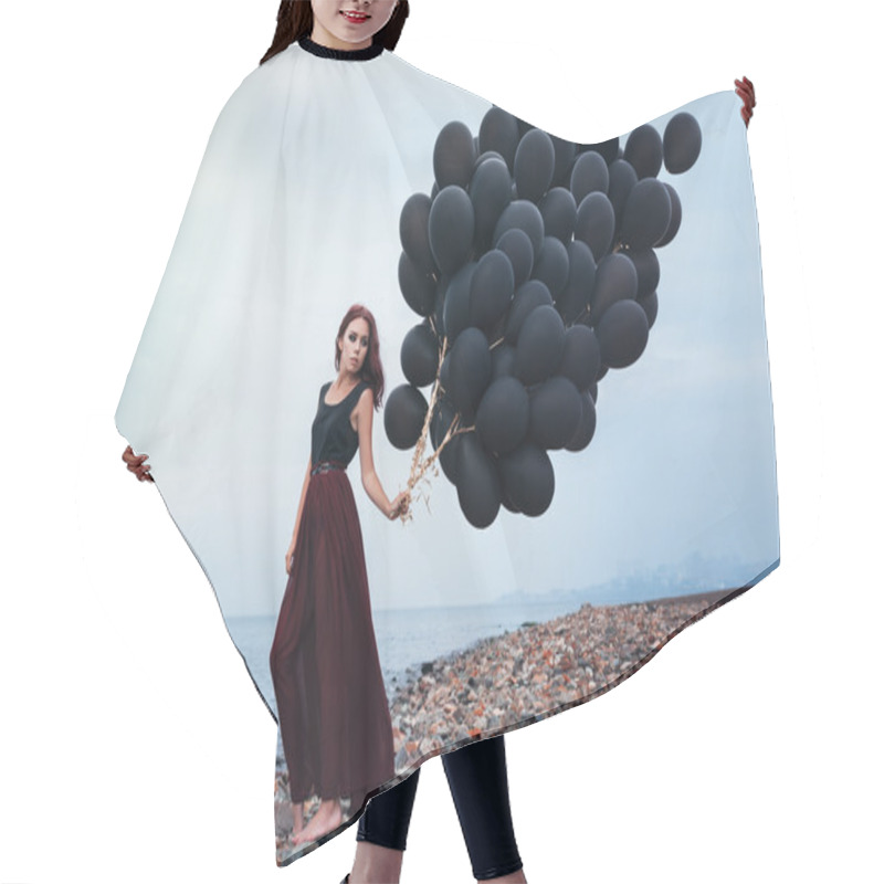 Personality  Beautiful Girl Walking With Black Balloons Hair Cutting Cape