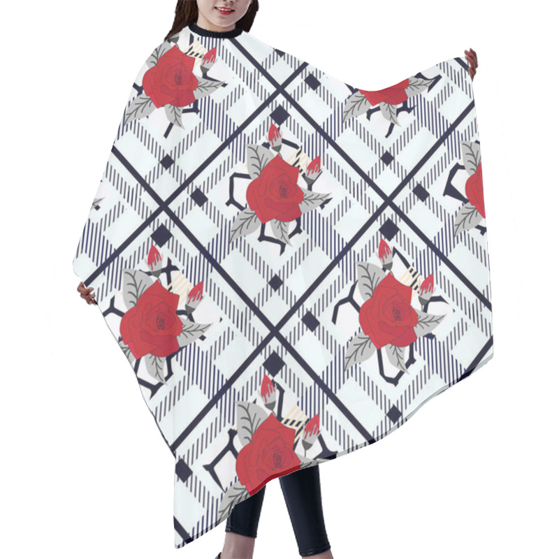 Personality  Beautiful Red Flowers Pattern On Plaid Background. Pattern Of Rose, Eps10 Hair Cutting Cape